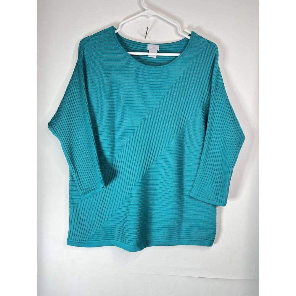 Chico's Sweater Womens Size M 1 Blue Ribbed Boat Neck 3/4 Sleeve Knit Pullover